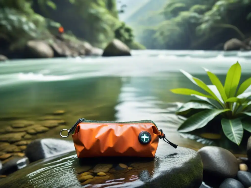 Kit de supervivencia para ríos: esencial y compacto Kits de supervivencia para ríos: Equipo esencial en bolsa impermeable junto a un río selvático