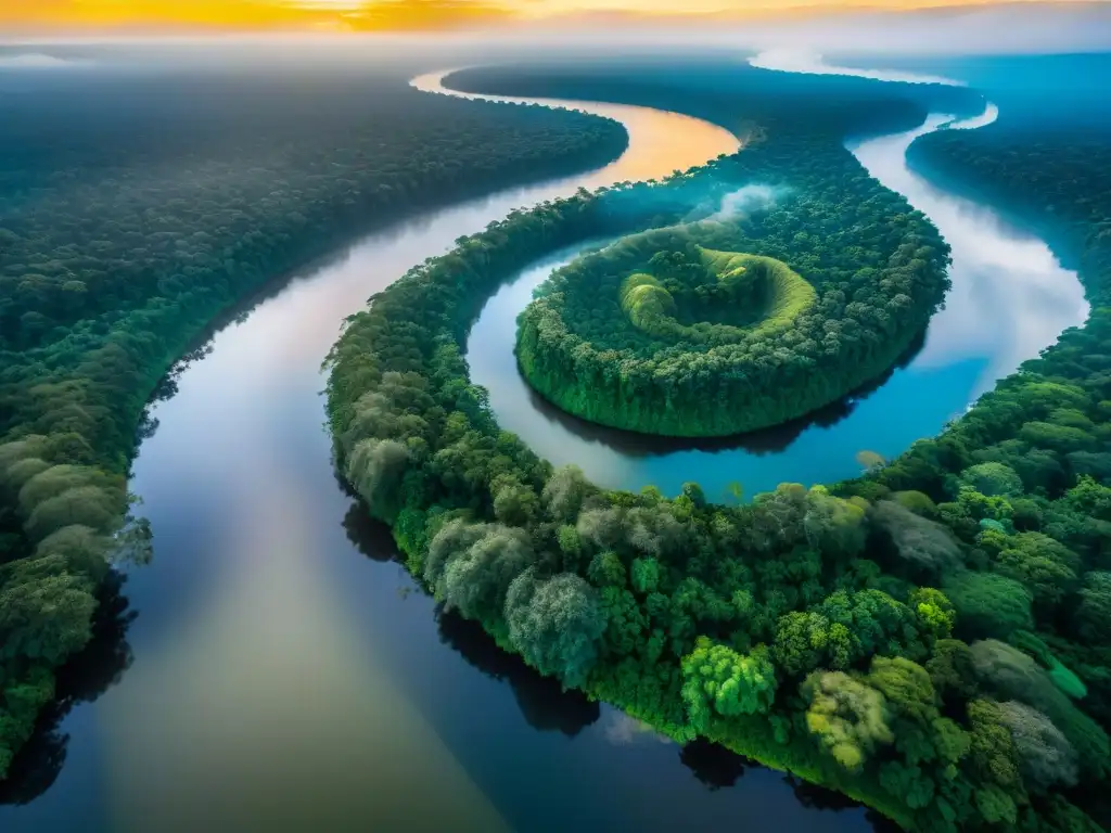 Amazonas: Río dorado serpenteando la selva en atardecer vibrante El legendario río Amazonas serpenteando entre la exuberante selva en un atardecer dorado