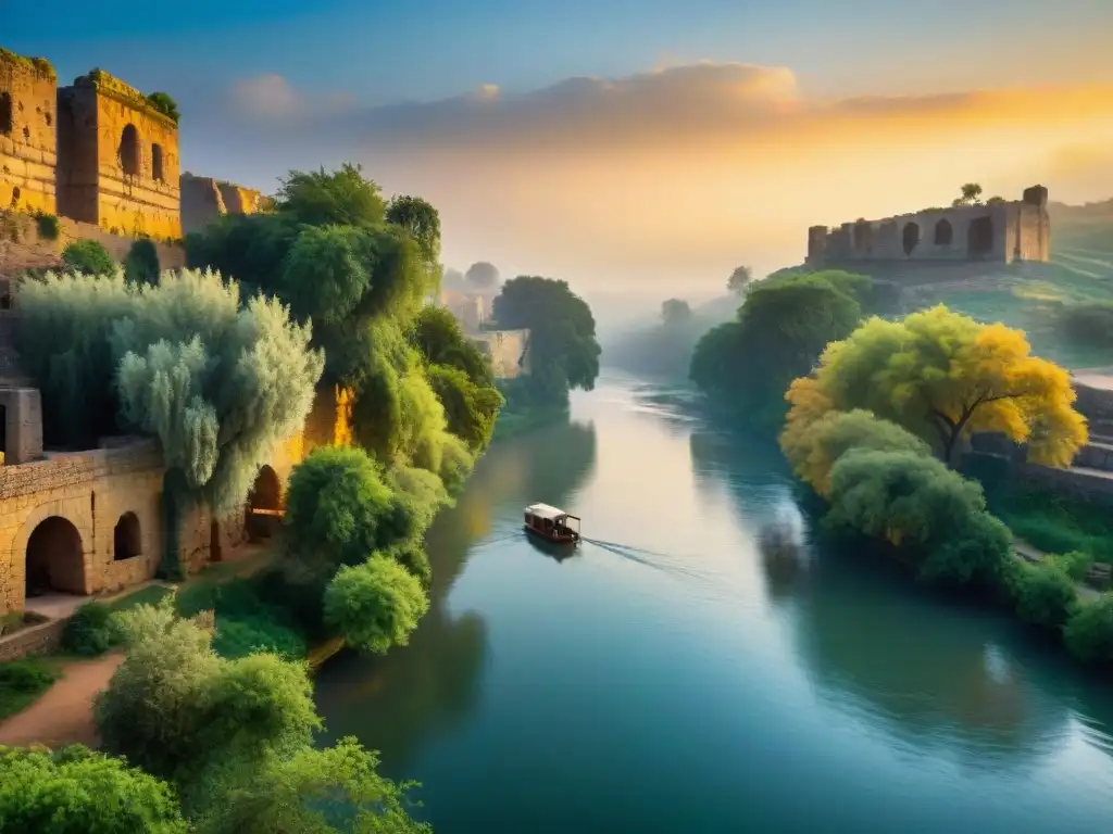 Río Jordan al atardecer: historia y serenidad El legendario Río Jordán fluye sereno entre ruinas antiguas, reflejando el sol dorado