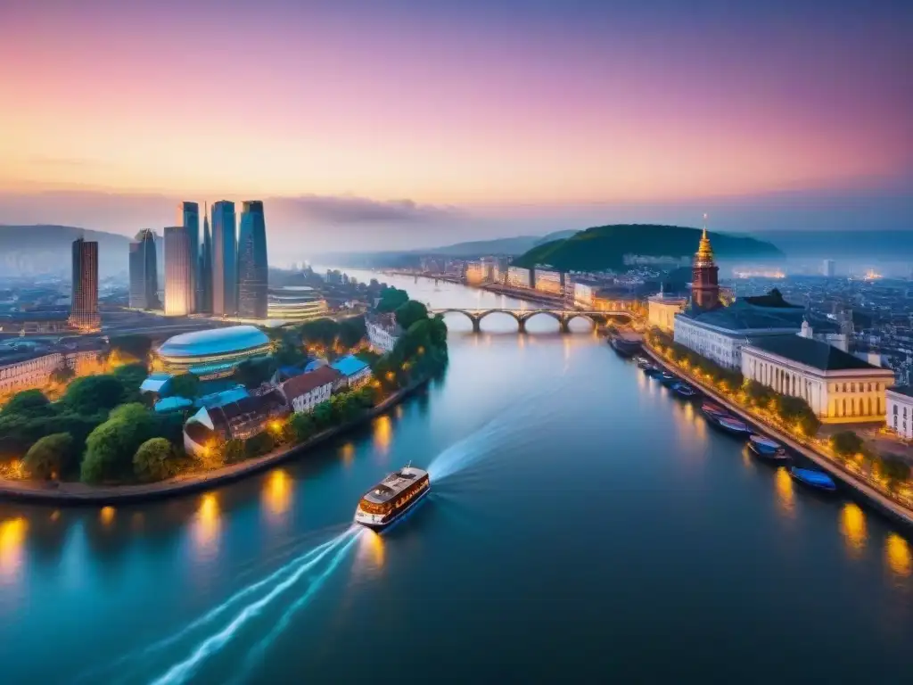 Río urbano: luces nocturnas y arquitectura diversa Luces de la ciudad reflejadas en un río majestuoso, con barcos navegando