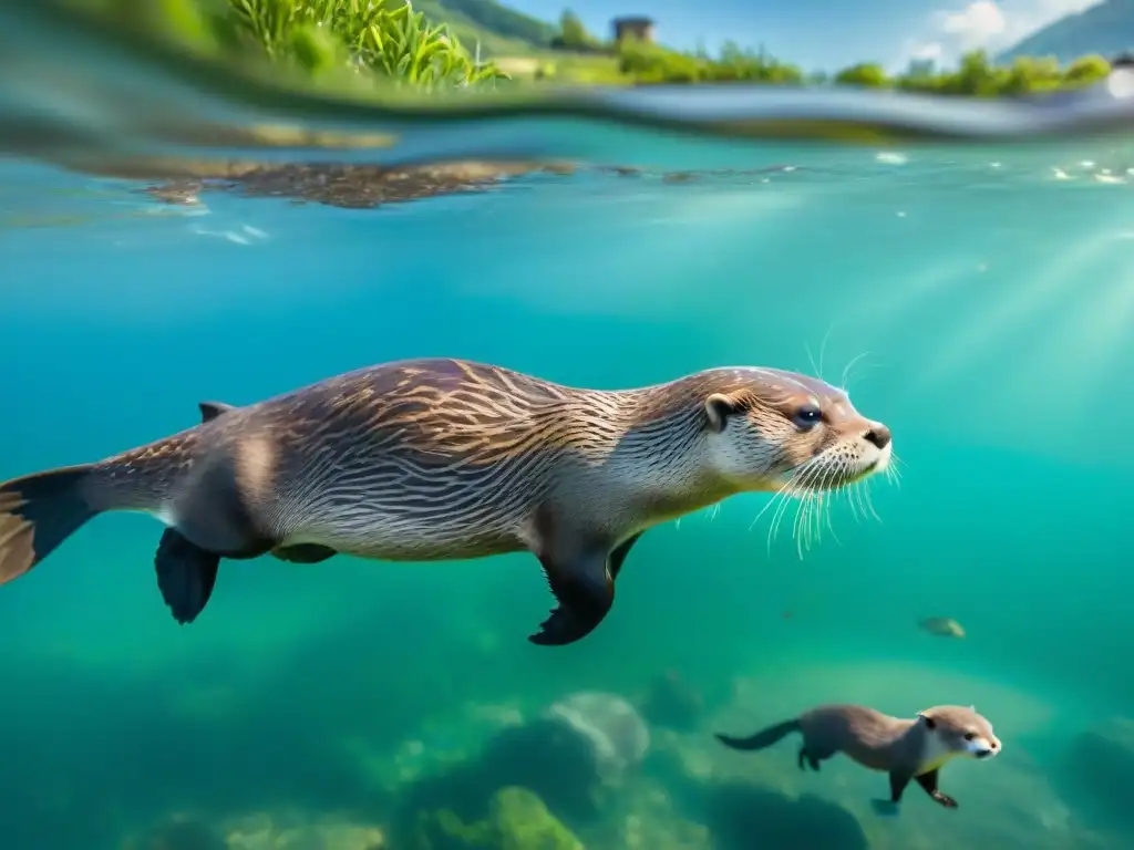 Una madre nutria enseña a sus crías a pescar en el río Rin, con la contaminación y la fauna en contraste