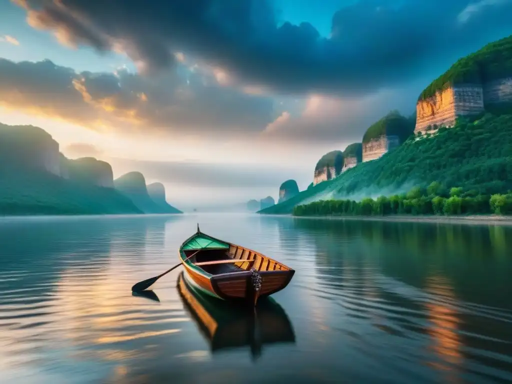 Río Volga: majestuosidad y misterio en Rusia Exploración mágica del río Volga en Rusia, con bosques verdes y un bote tradicional navegando bajo un cielo dramático