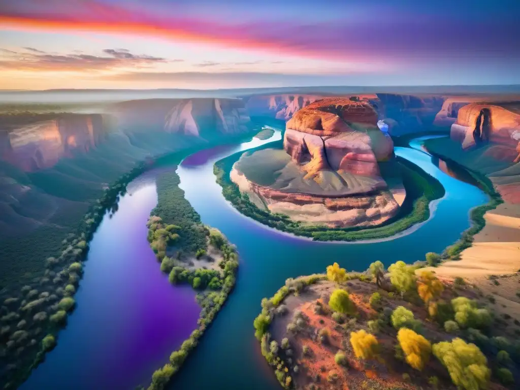Paisaje mágico del Río Murray al atardecer en el Outback australiano El mágico río Murray serpentea al atardecer en el outback australiano, reflejando el cielo en tonos naranja, rosa y púrpura