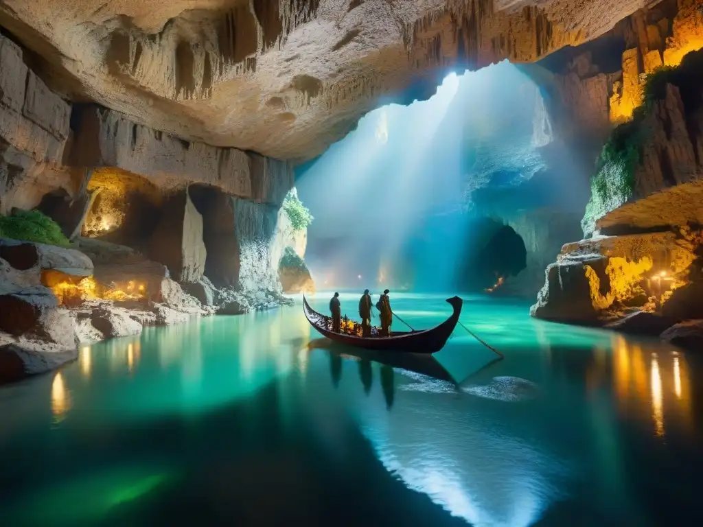 Misterioso río subterráneo iluminado en caverna Un mágico laberinto de ríos subterráneos iluminados por la suave luz, donde el comercio oculto cobra vida