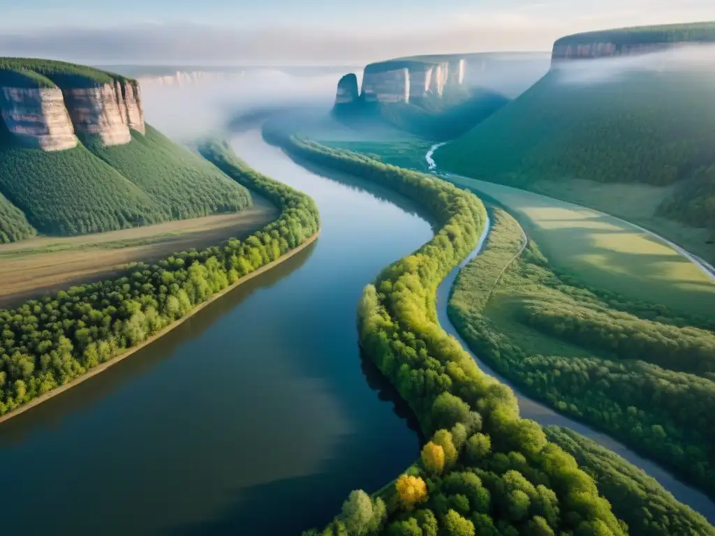 Contrastes del río Ural: belleza natural y conflictos históricos La majestuosa belleza del río Ural serpenteando entre terrenos agrestes, con la luz matutina proyectando largas sombras en su superficie