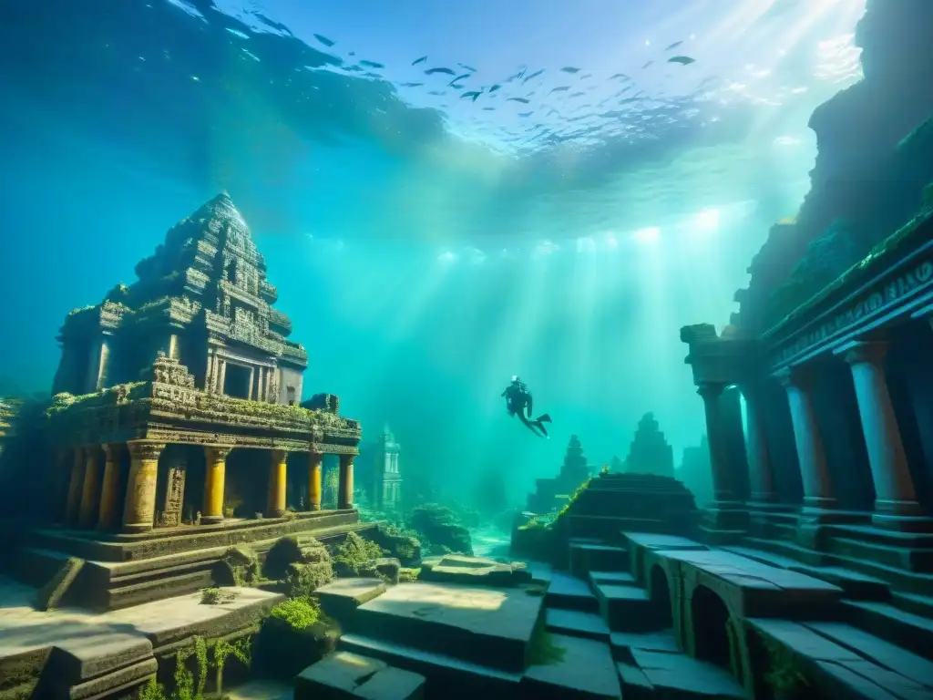 Ruinas ancestrales en ciudad sumergida: misterio y esplendor Descubre la majestuosa civilización perdida en el río Mu, sumergida en aguas cristalinas, con ruinas ancestrales y peces coloridos