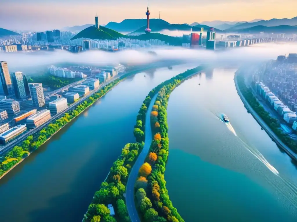 Río Han: Esplendor urbano y natural en Seúl La majestuosa integración de ríos en la planificación urbana de Seúl, Corea del Sur, reflejando la fusión de culturas