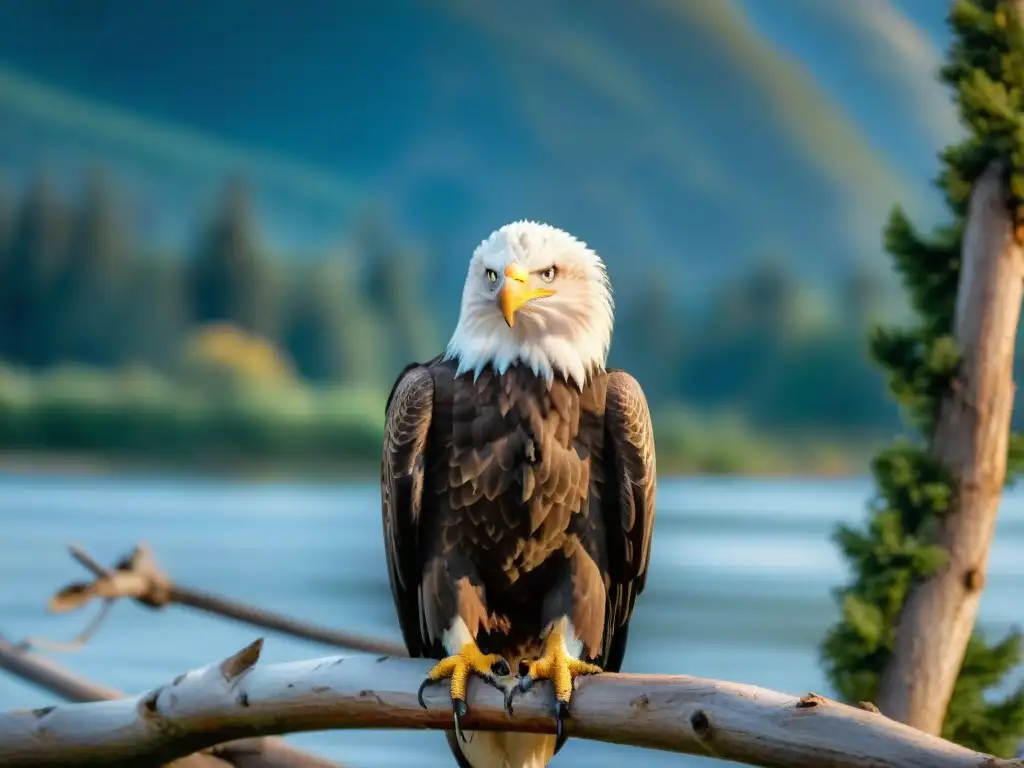 Majestuoso águila calva observando el río Fraser Un águila calva majestuosa en una rama sobre el sinuoso Río Fraser, mostrando su poder y gracia en su hábitat natural