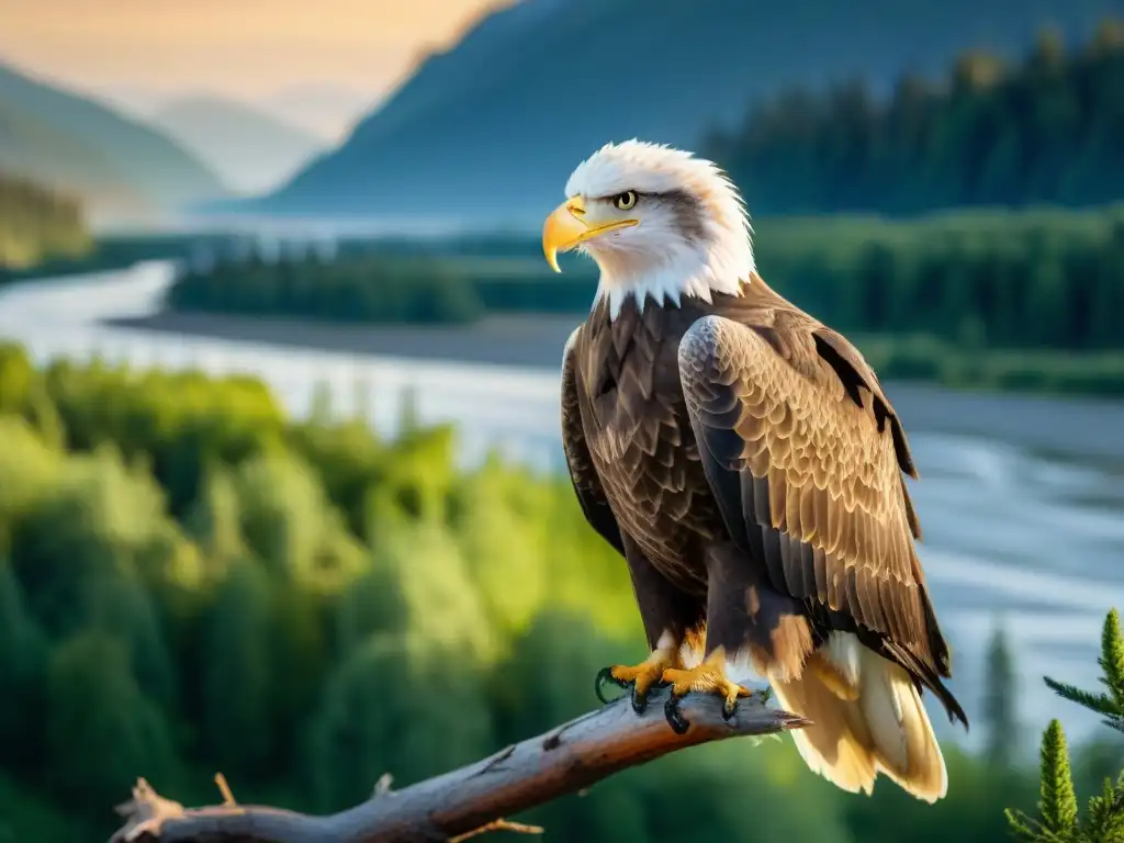 Águila calva majestuosa sobre el río Fraser al atardecer Un águila calva majestuosa en el Río Fraser, destacando sus plumas en el atardecer