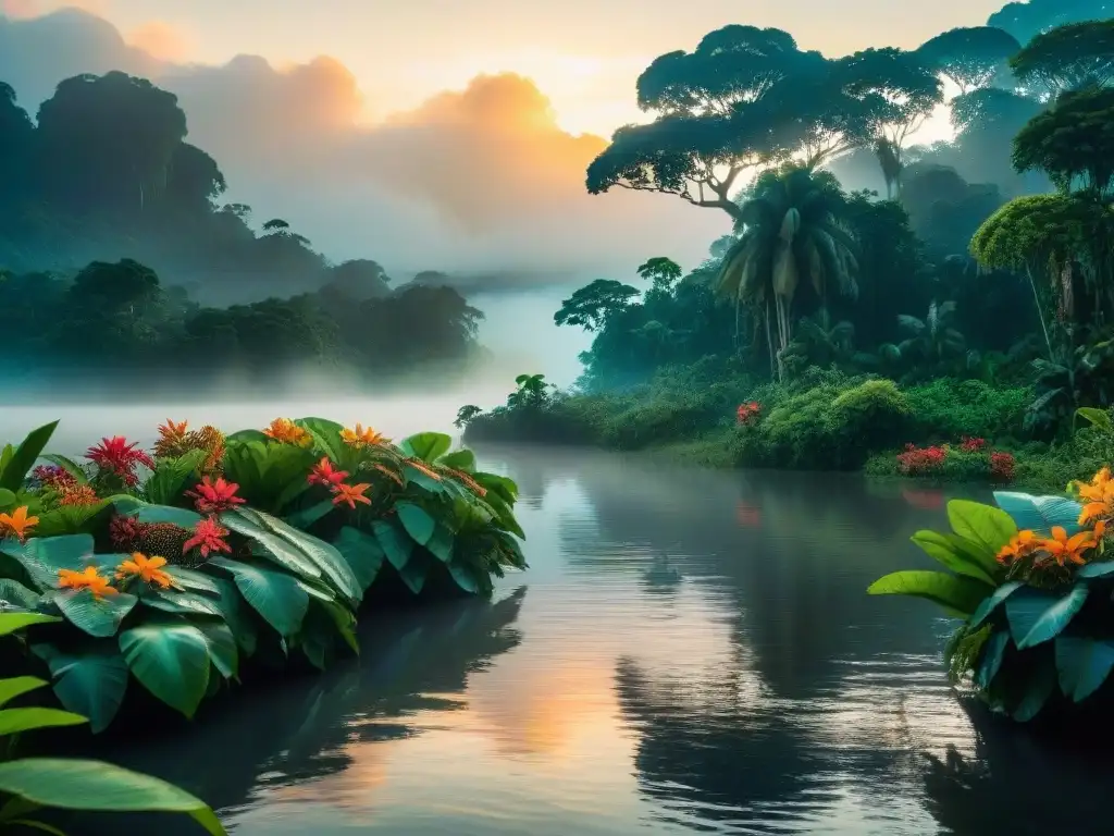 Selva exuberante al atardecer en el Amazonas Majestuosa selva del Amazonas al atardecer, con río brillante reflejando el sol