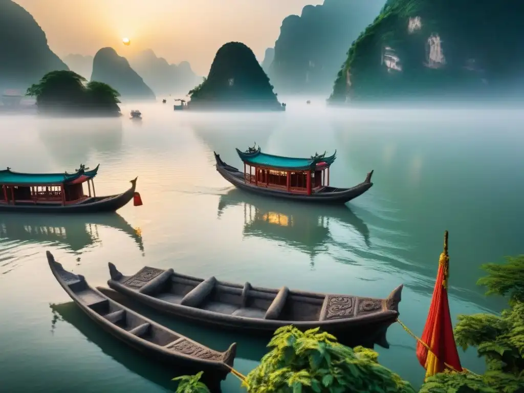 Esculturas ancestrales a orillas del río Yangtsé al amanecer Majestuosas esculturas de piedra a orillas del Yangtsé, envueltas en la niebla matutina, revelan la rica historia y mitología de China