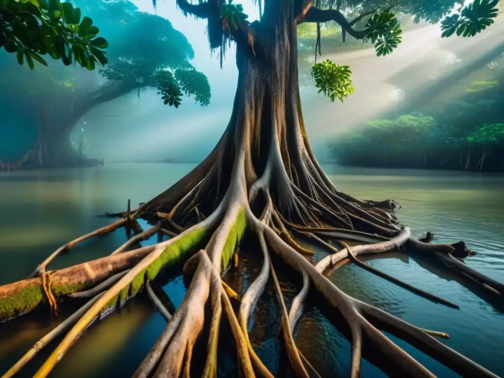 Raíces de manglares: belleza y vitalidad en la Amazonia Majestuosas formaciones ribereñas únicas del Amazonas mostrando intrincados sistemas de raíces de manglares