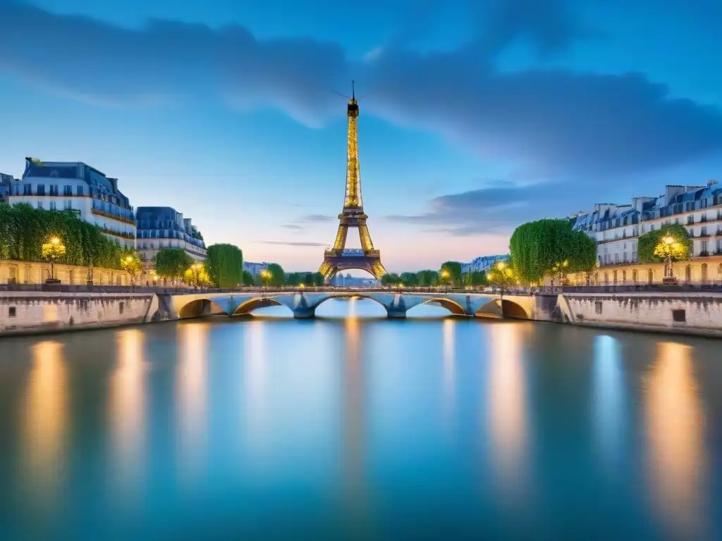 Paisaje nocturno del Sena con la Torre Eiffel La majestuosidad del río Sena fluyendo por París al atardecer, con la emblemática Torre Eiffel de fondo y las luces de la ciudad iluminando la escena