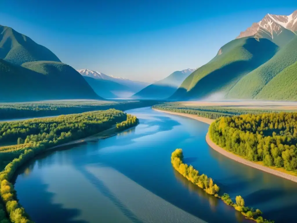 Yenisei: majestuoso río siberiano entre bosques y montañas nevadas La majestuosidad del río Yenisei serpenteando entre bosques y montañas nevadas, iluminado por el sol en la mitología del río Yenisei