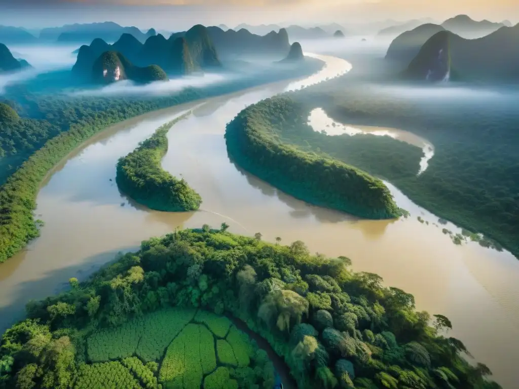Esplendor matutino: Mekong River entre bosques verdes Descubre la majestuosidad del río Mekong al amanecer en una expedición francesa por ríos legendarios