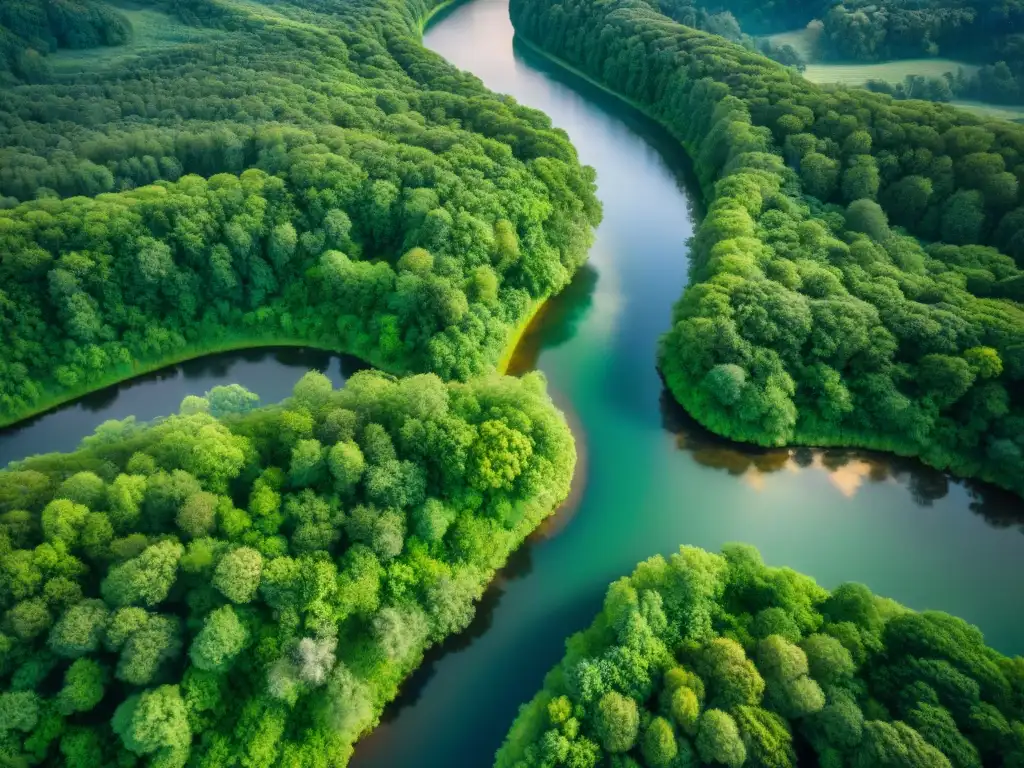 Río serpenteante entre bosques: paisaje fluvial dinámico La majestuosidad de un río serpenteante a través de bosques verdes, capturada por sensores remotos en un estudio de ecosistemas fluviales