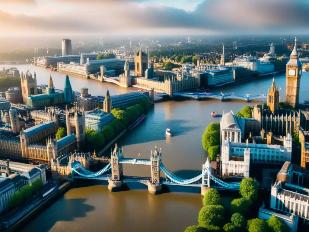 Río Támesis: Londres desde las alturas Explora la majestuosidad del río Támesis serpenteando por Londres, con sus emblemáticos monumentos destacados
