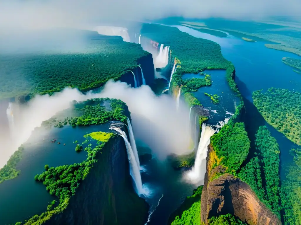 Victoria Falls: majestuosidad del Zambeze Explora la majestuosidad del río Zambeze y las cataratas Victoria en una vista aérea impresionante, invitando a expediciones inolvidables