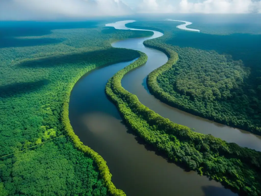Amazonas: majestuosidad del río serpenteante Majestuoso río Amazonas serpenteando por la exuberante selva, reflejando la luz del sol