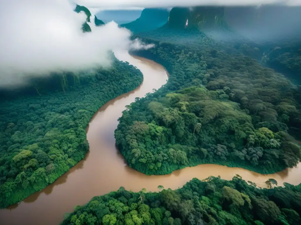 Amazonas: Majestuosidad verde del río y selva tropical El majestuoso río Amazonas serpenteando en la exuberante selva tropical