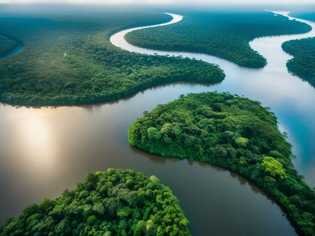 Amazonía majestuosa: río serpenteante entre exuberante selva Un majestuoso río Amazonas serpenteando por exuberante selva desde un alto, mostrando su cauce, vegetación y extensa cuenca