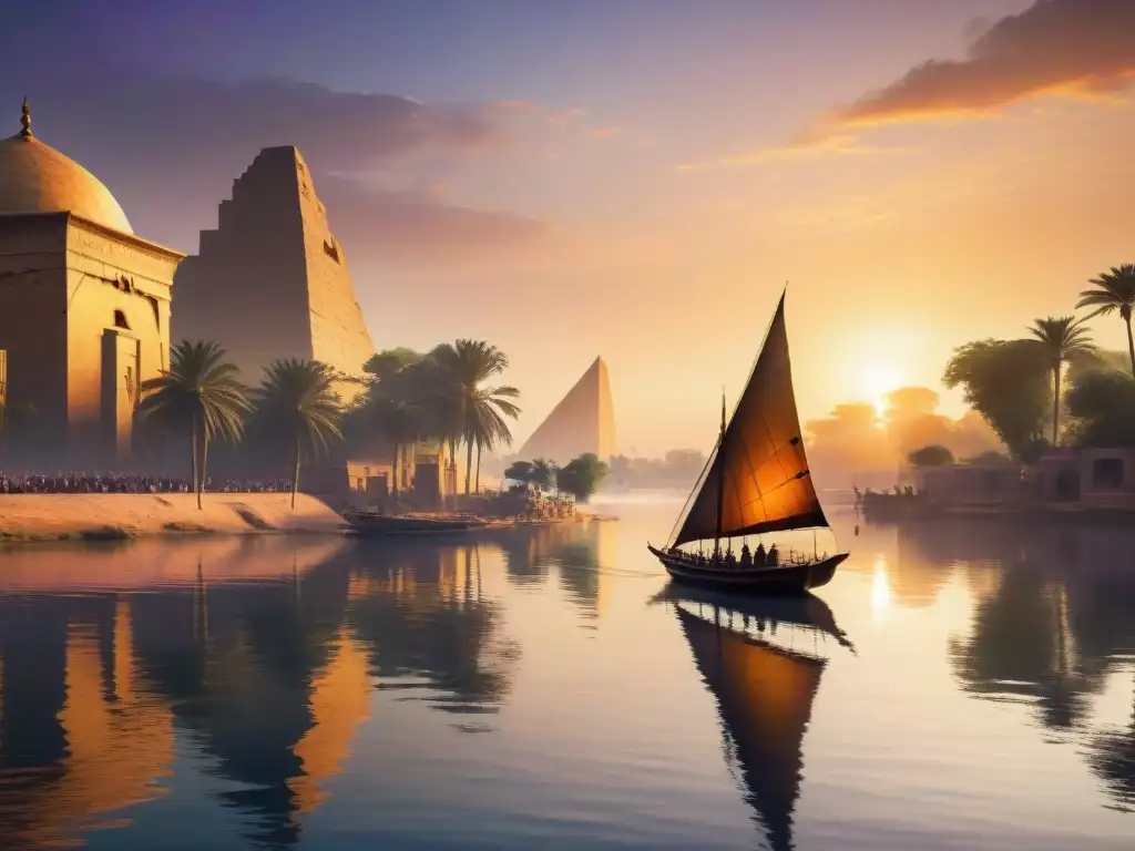Atardecer místico en el Nilo: Assassin's Creed Majestuoso atardecer en el Nilo con templos antiguos y una feluca, evocando la travesía de Assassin's Creed travesía Nilo mitos