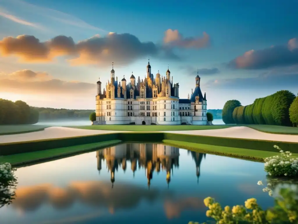 Majestuoso castillo de Chambord al atardecer, reflejado en el río Loira