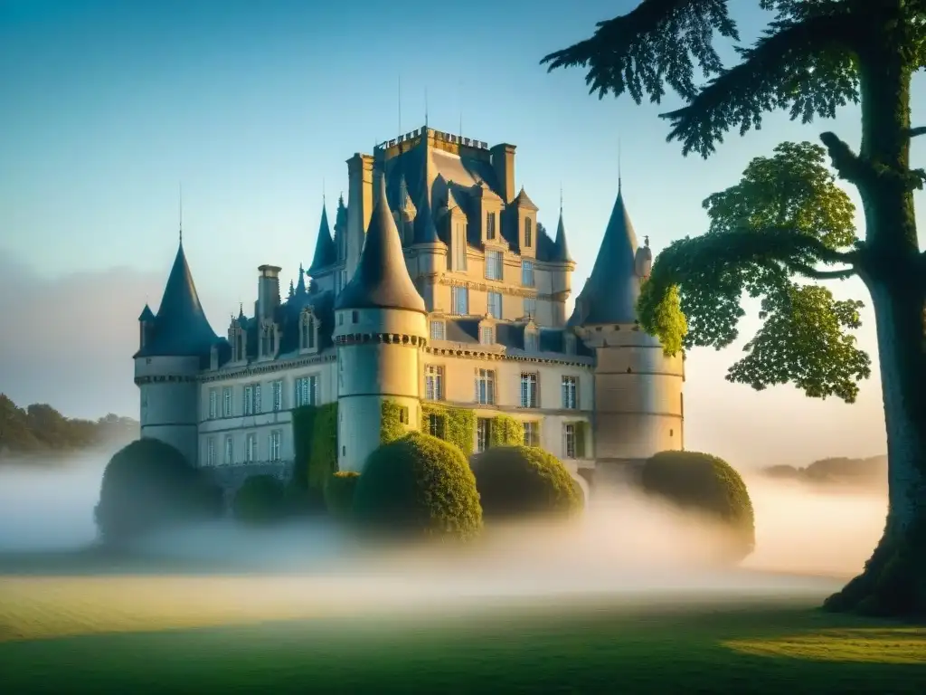 Castillo de Brissac: Misteriosa silueta al anochecer Majestuoso castillo de Brissac envuelto en niebla al anochecer, leyendas río Loira castillos fantasmas