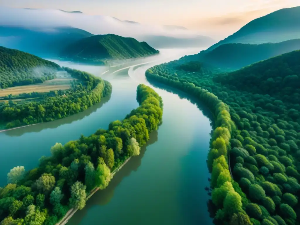 Esplendor del Danubio: río serpenteante entre bosques verdes El majestuoso Danubio serpenteando entre frondosos bosques, reflejando barcos en su superficie brillante