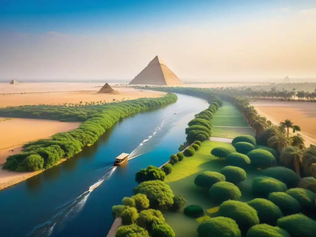 El mágico Nilo: meandros, pirámides y barcos en Egipto El Nilo serpentea majestuoso entre la exuberante geografía egipcia, conectando civilización y mitos en una vista impresionante desde las alturas