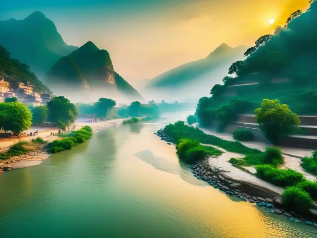 Río Ganges: majestuosidad y belleza sagrada en India El majestuoso río Ganges fluye entre exuberante vegetación y vida silvestre, bajo la luz dorada