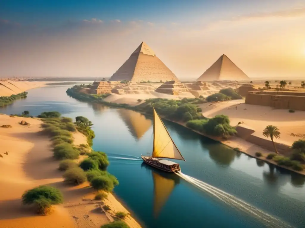 El Nilo serpentea majestuoso entre jeroglíficos y pirámides al atardecer, reflejando la historia y cultura egipcia