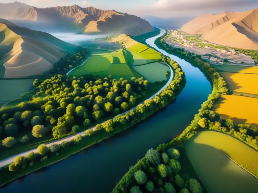 Río Oxus: paisaje persa místico desde el cielo Majestuoso río Oxus serpenteando en paisaje persa, rodeado de exuberante vegetación y montañas, iluminado por la cálida luz dorada