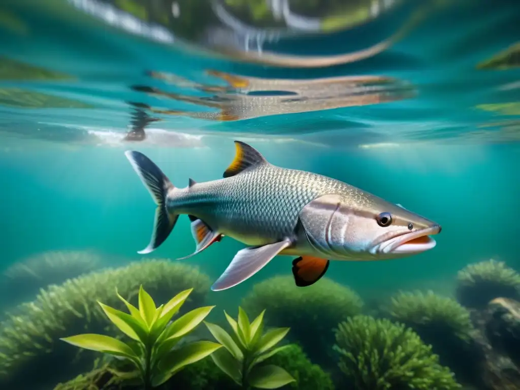 Espléndido Mekong Giant Catfish nadando en el río Un majestuoso pez gato gigante del río Mekong nadando contra la corriente, rodeado de flora y fauna acuática, bajo la luz solar