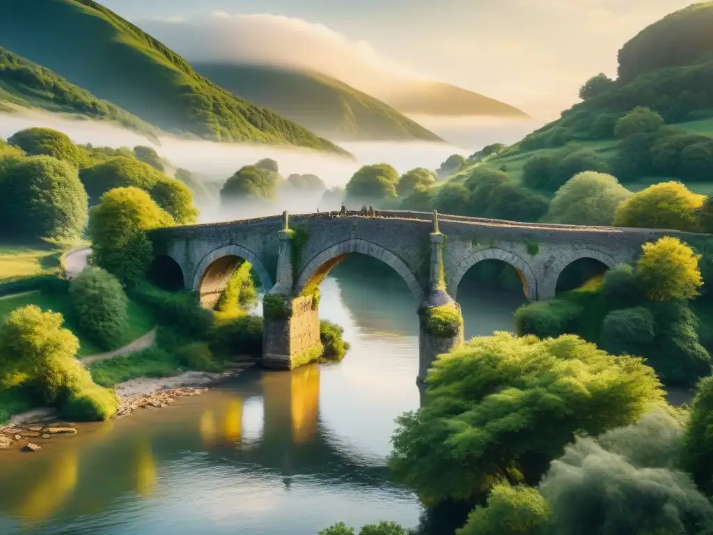 Puente de piedra antiguo sobre río sereno al atardecer Majestuoso puente de piedra antiguo sobre un río tranquilo al atardecer, revelando secretos históricos