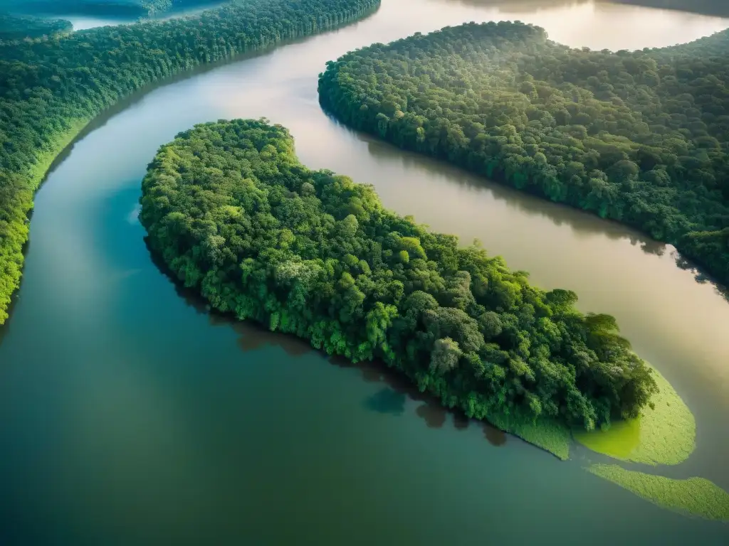 Amazonía majestuosa: río y selva desde las alturas Un majestuoso río Amazonas serpenteando por la exuberante selva, capturado en una vista aérea
