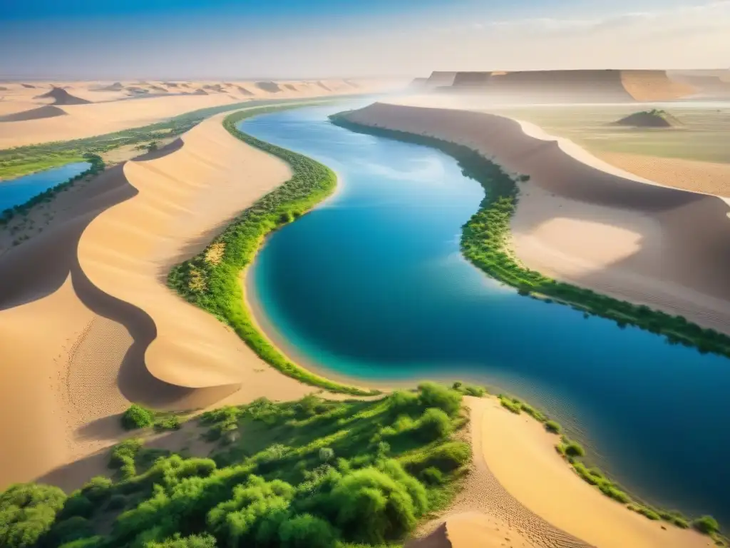 El río Nilo: oasis de vida en el desierto El majestuoso río Nilo Azul serpenteando por el árido desierto, creando un oasis de vida