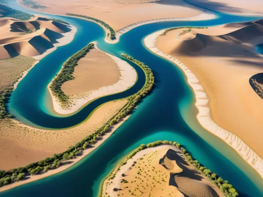Esplendor del Nilo: Río vital en el desierto El majestuoso río Nilo Azul serpenteando a través del árido desierto, mostrando su influencia cultural en la región