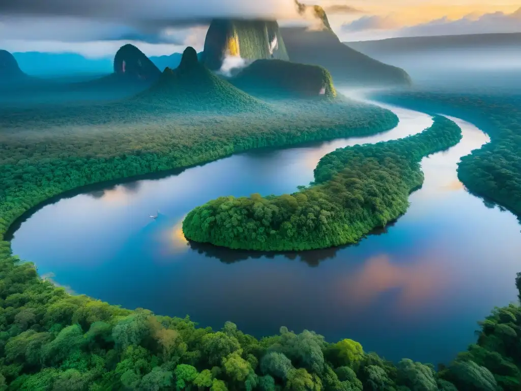 Río Orinoco al atardecer: belleza natural venezolana El majestuoso Río Orinoco serpenteando por la exuberante selva venezolana al atardecer, reflejando los vibrantes colores del cielo en sus aguas tranquilas