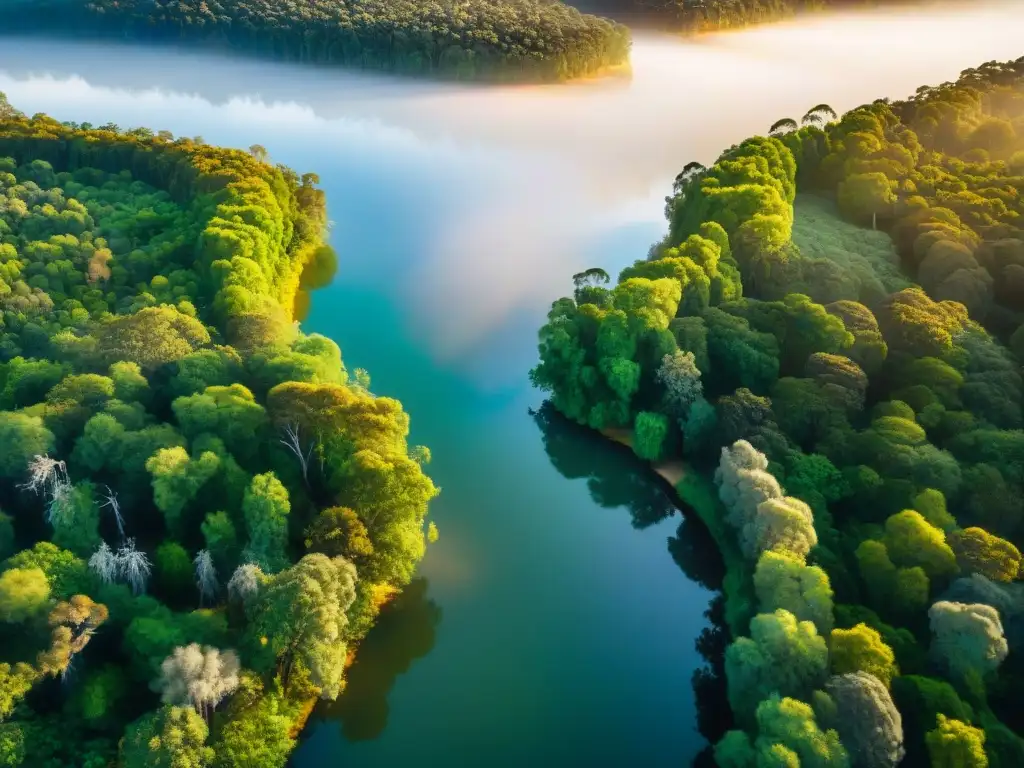 Un majestuoso río Murray en Australia, serpenteando entre exuberantes bosques y humedales, iluminado por el sol, reflejando la biodiversidad