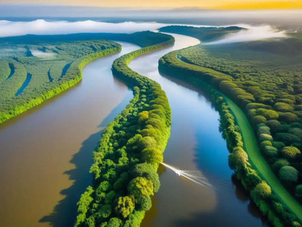 Un majestuoso río Paraná serpenteando entre exuberantes bosques verdes, iluminado por el sol con un brillo dorado
