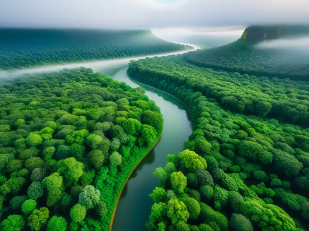 Río serpenteante: belleza natural y activismo digital Majestuoso río serpenteando entre exuberantes bosques, mostrando la red de afluentes y ecosistema vibrante