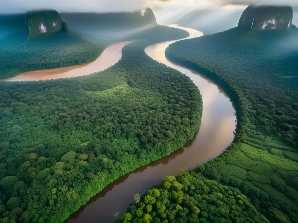 Esplendor del Orinoco: Río serpenteante entre la selva Un majestuoso río Orinoco serpenteando entre exuberantes selvas, reflejando la luz del sol