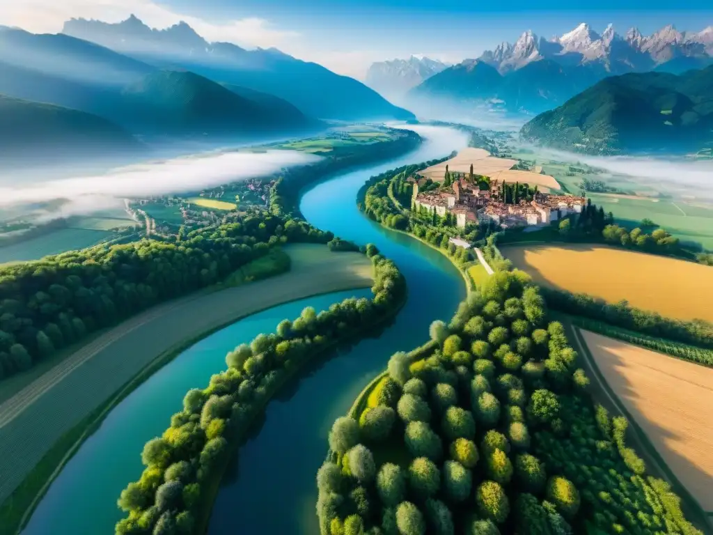 El majestuoso Río Po serpenteando por la pintoresca campiña italiana con pueblos históricos y los Alpes al fondo, bajo un cielo azul