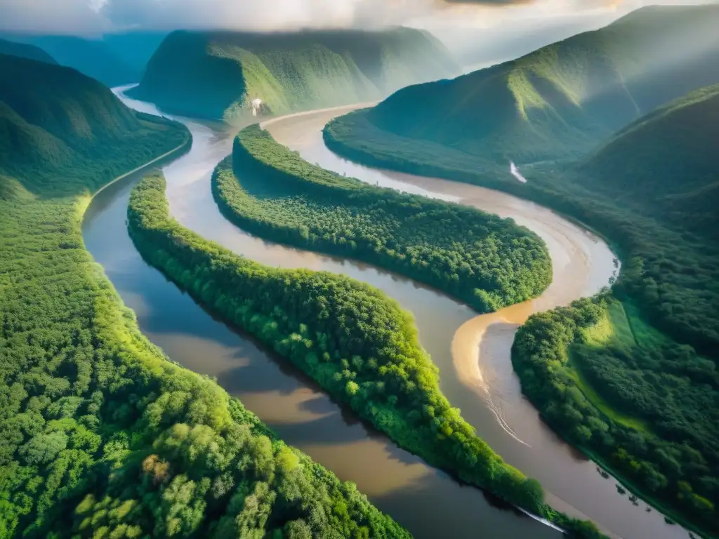 Río majestuoso: naturaleza, pesca y tecnología Un majestuoso río rodeado de bosques verdes con barcos pesqueros y una imponente represa, reflejando la transformación económica de ríos legendarios
