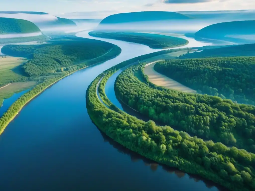 Esplendor del río Volga: bosques verdes, cielo azul y templos eslavos El majestuoso Río Volga, deidad protectora en la tradición eslava, serpentea entre bosques verdes y colinas bajo un cielo azul