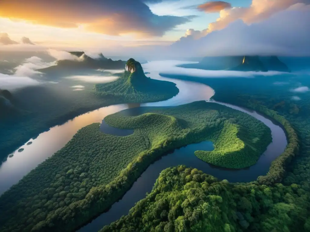 Amazonas majestuoso: atardecer dorado en la selva exuberante El majestuoso río Amazonas serpentea entre selvas verdes bajo un cielo dramático al atardecer, reflejando la magnitud y belleza de este río mítico