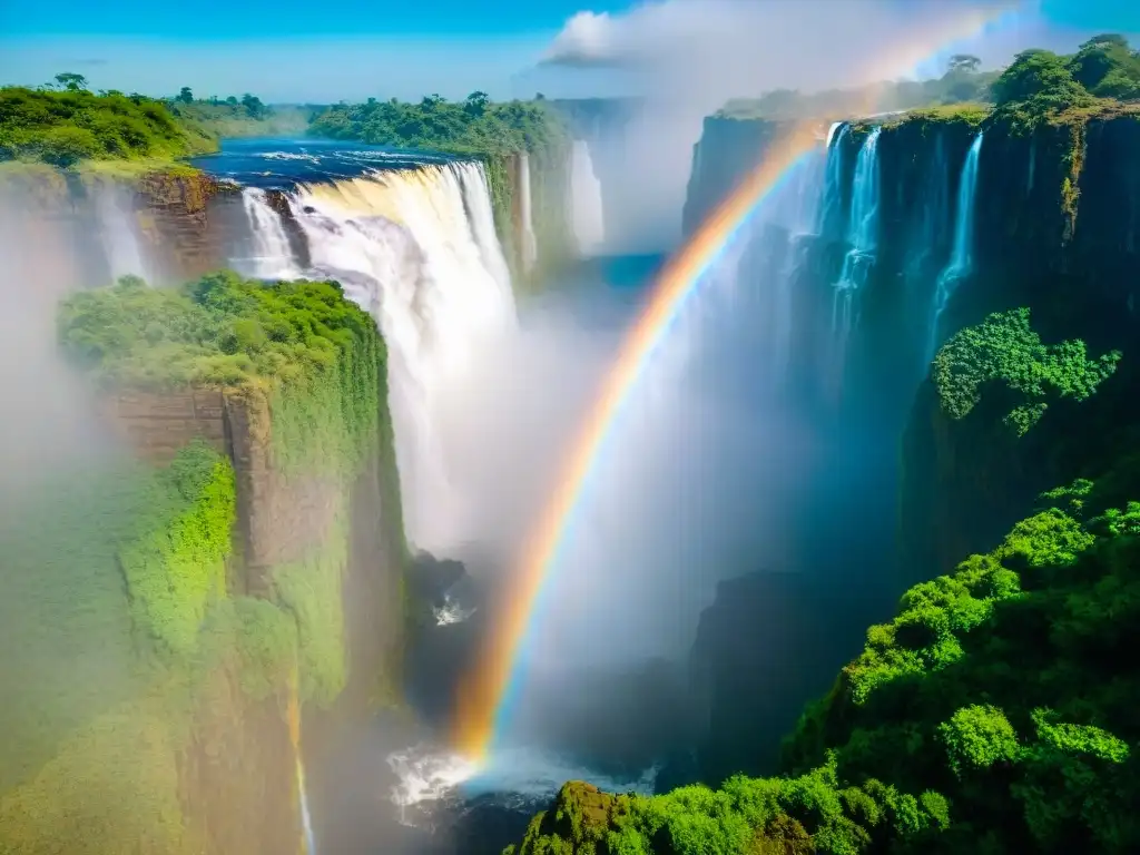 Espectacular timelapse de las majestuosas Cataratas Victoria en África Un majestuoso timelapse de las Cataratas Victoria en África, con un arcoíris en la neblina y un cielo azul