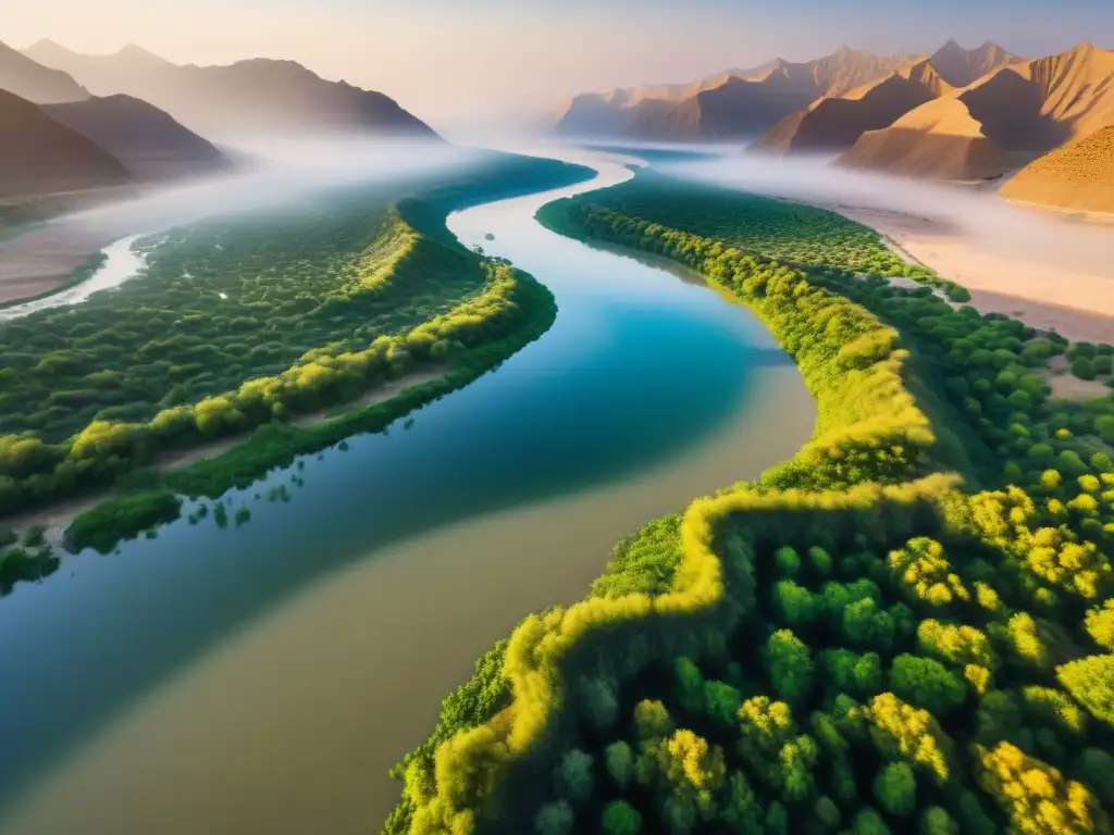 Río Indo: historia y vastedad desde las alturas El majestuoso río Indus serpentea a través del árido paisaje, reflejando la historia y las civilizaciones a lo largo de sus orillas
