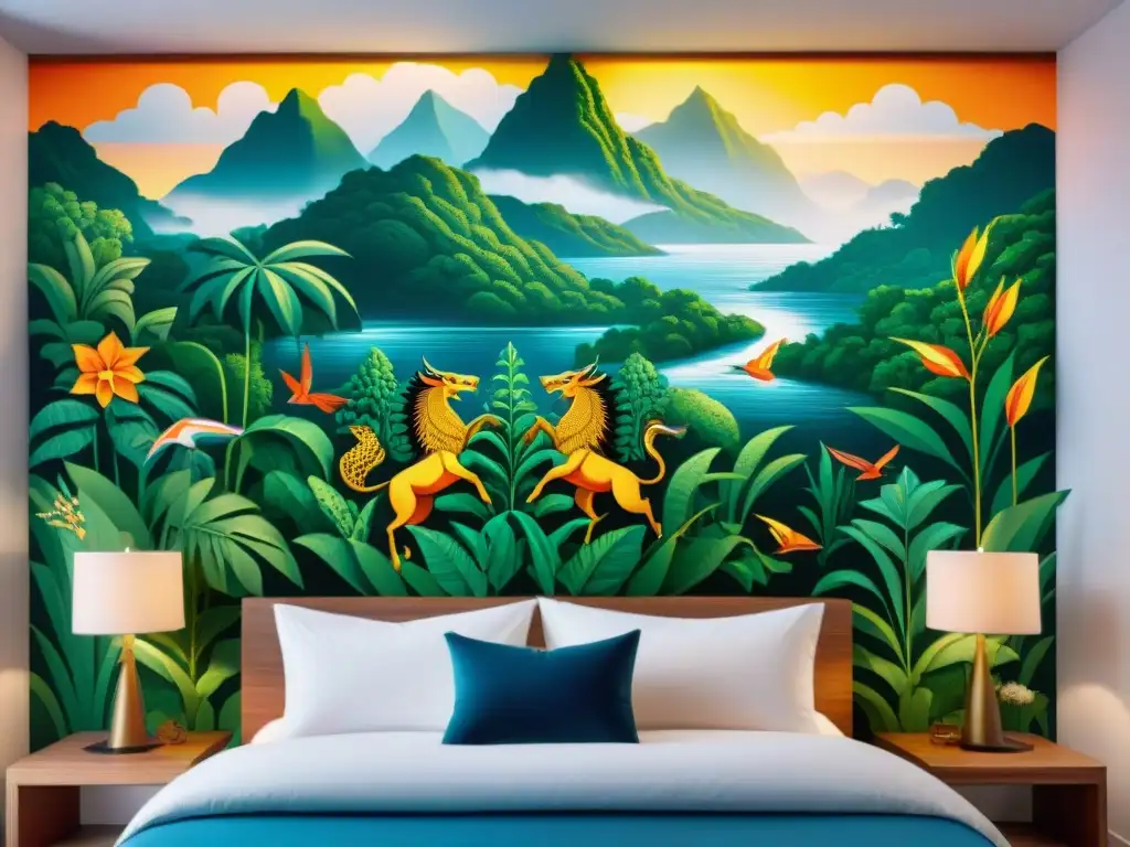 Mural mítico de la selva venezolana junto al río Orinoco Majestuosos mitos y criaturas de Venezuela en mural junto al río Orinoco al atardecer